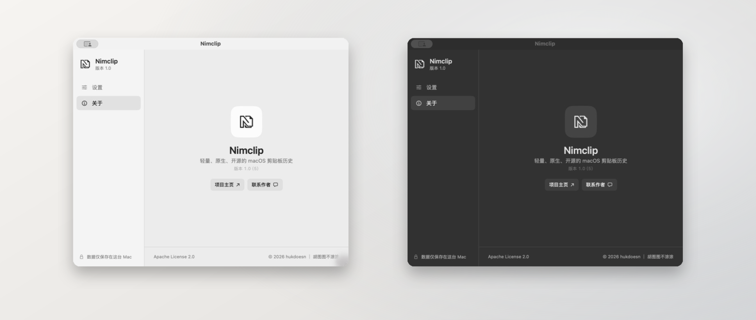 Nimclip about window in light and dark themes